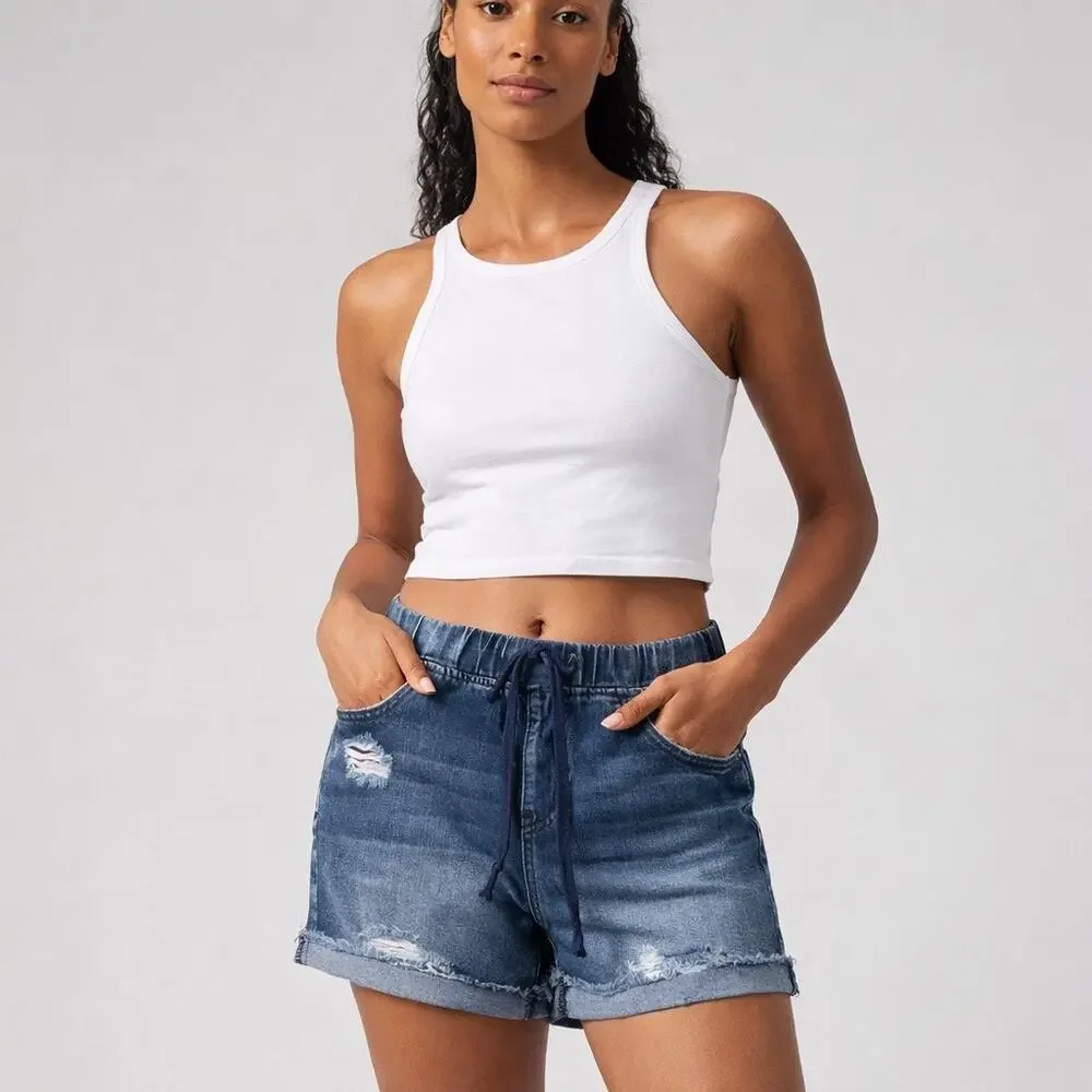 NEW YMI Dream Ingredient Distressed Denim Shorts Drawstring Stretch Casual SZ SM
